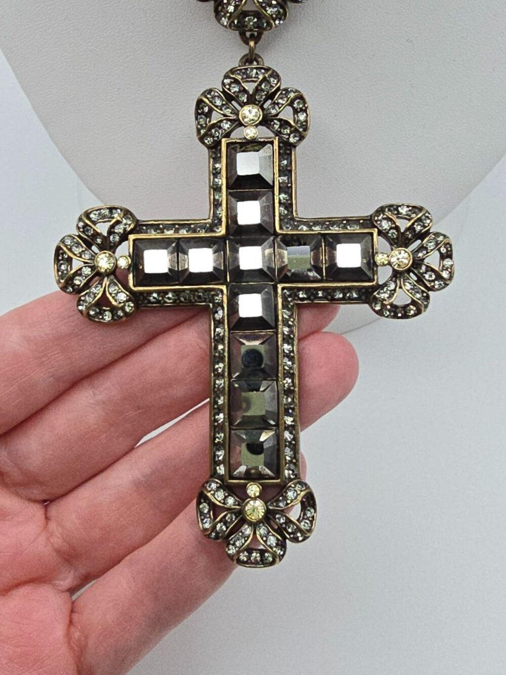 Heidi Daus Vintage Reflective Glory Pearl and Crystal Cross Necklace & Earrings